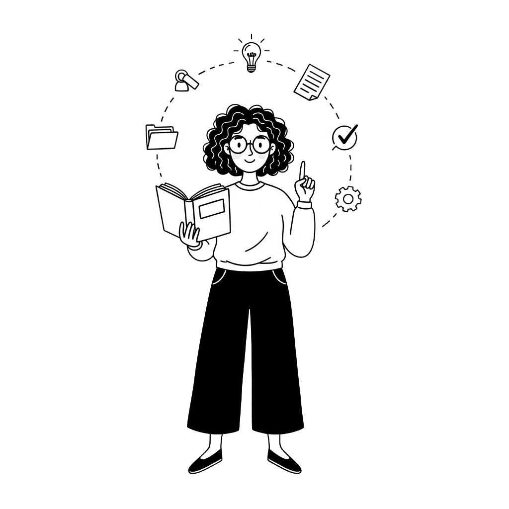 Friendly woman with knowledge and SOPs floating around her